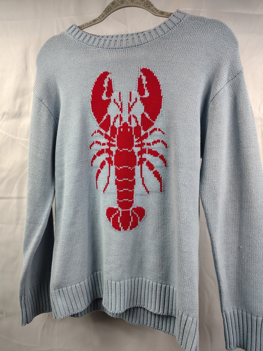Mighty Fine Women's Light Blue Cotton Knit Lobster Sweater Small